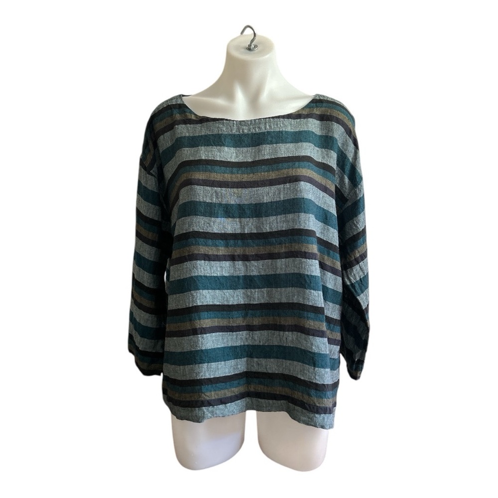Eileen Fisher 100% Linen Shirt Striped Green, Black Petite Large. [303]